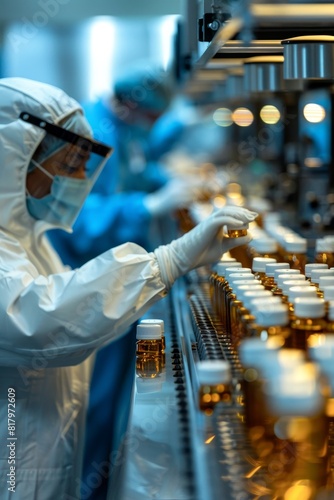  pharmaceutical lab, young technician woman in protective gear meticulously inspects a production line of medical vials,quality control, medical research