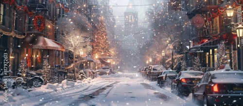 Snowy Urban Street Adorned with Holiday Radiating Festive Cheer and Winter Chill photo