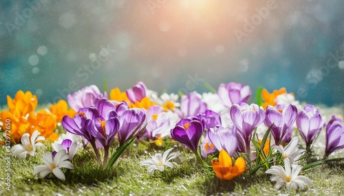 spring flowers crocus blossoms on grass with sunlight