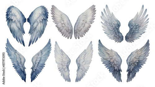 set of watercolor wings  six pairs of angelic wing  collection of design elements isolated on transparent background