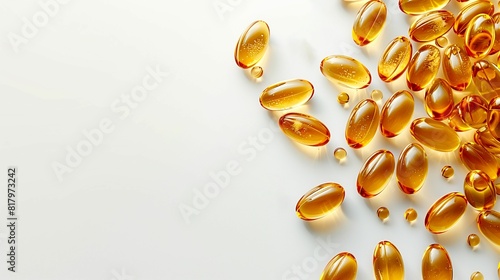a light background with scattered fish oil capsules and a place for text on the side photo