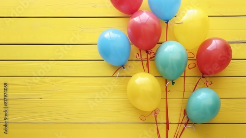 Colorful balloons on yellow wooden table