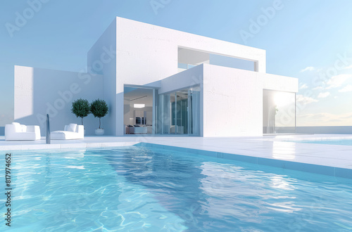 Modern contemporary house with a pool and garden  in white color and square shapes.