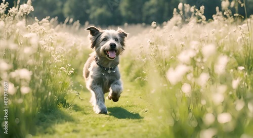 a dog running in a beautiful meadow photo