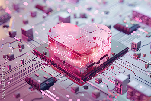 Heart-Shaped Computer Chip on Pink Circuit Board - 3D Isometric Rendering