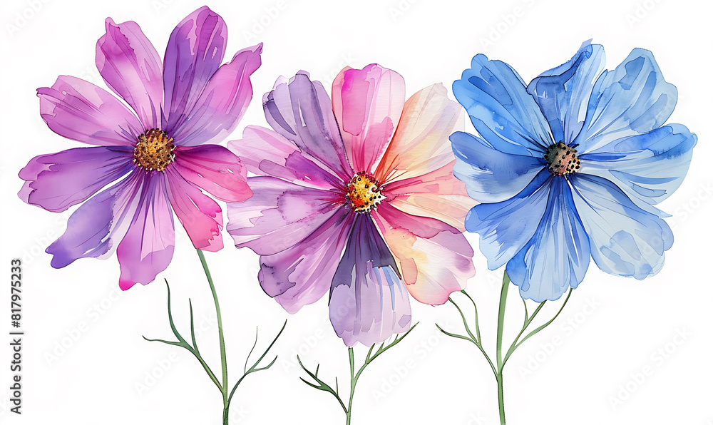 Watercolor Painting of Pink and Purple Cosmos Flowers Watercolor Painting of Pink and Purple Cosmos Flowers