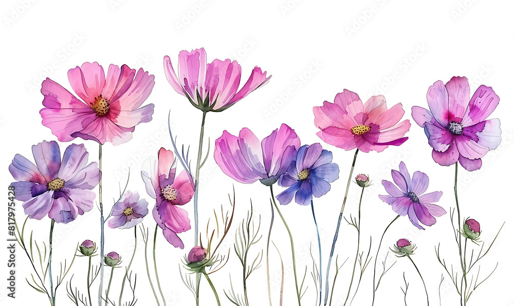 Watercolor Painting of Pink and Purple Cosmos Flowers Watercolor Painting of Pink and Purple Cosmos Flowers