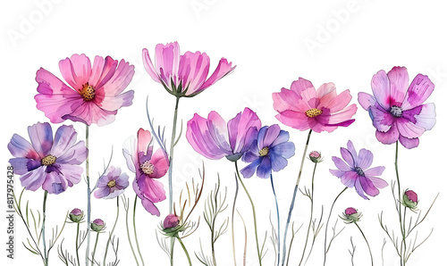 Watercolor Painting of Pink and Purple Cosmos Flowers