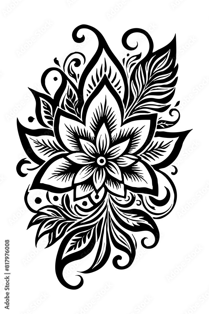 Botanical black and white pattern. For use on tattoos, posters, textiles, T-shirt printing. Generated by Ai