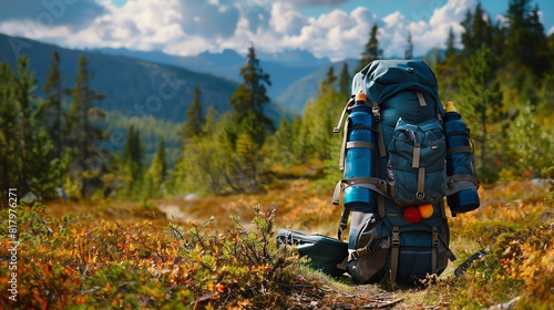 A sturdy backpack with an internal frame, filled with camping gear and ready for a hike,