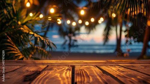 Empty wooden table top for product display  presentation stage. Tropical summer  palm trees  beach bar  white sand and blue ocean in the background. 