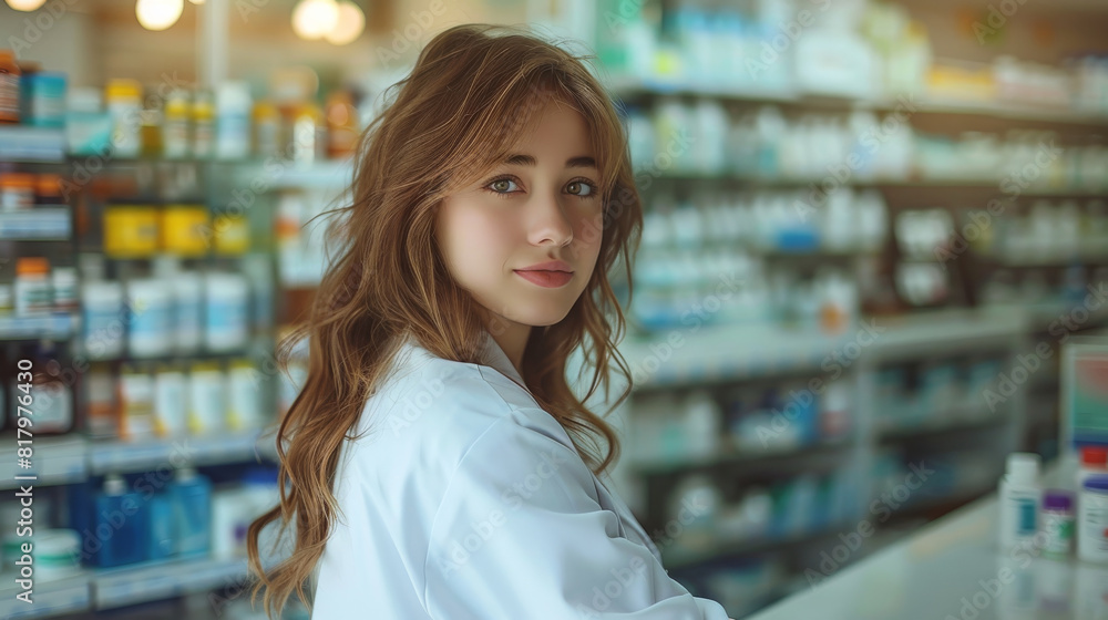An attractive female pharmacist, posing like a model on the counter of a pharmacy. Generative AI.