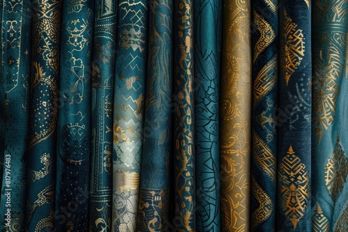 A collection of dark blue, teal and gold fabrics with intricate patterns, arranged in an elegant display. High resolution, detailed textures.