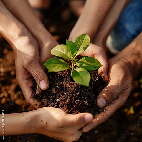 Closeup of a young sapling in rich soil, hands of diverse people nurturing it, symbolizing environmental conservation and teamwork, photo