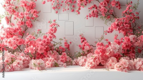 Minimalist wedding interior with blank posters and beautiful pink flowers on the walls