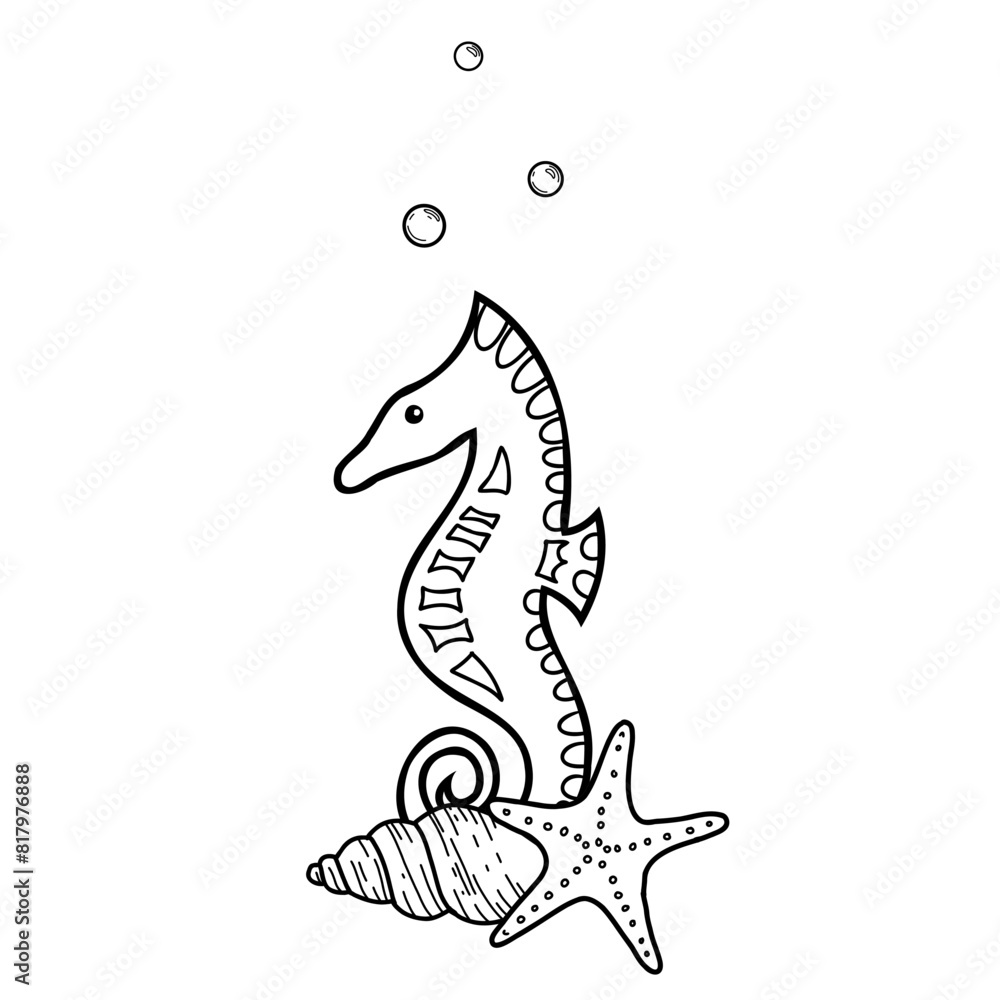 Fototapeta premium Marine Composition of cute Seahorse, Starfish and Seashell. Hand drawn Vector isolated illustration. Graphic summer Sea Sketch, line art.