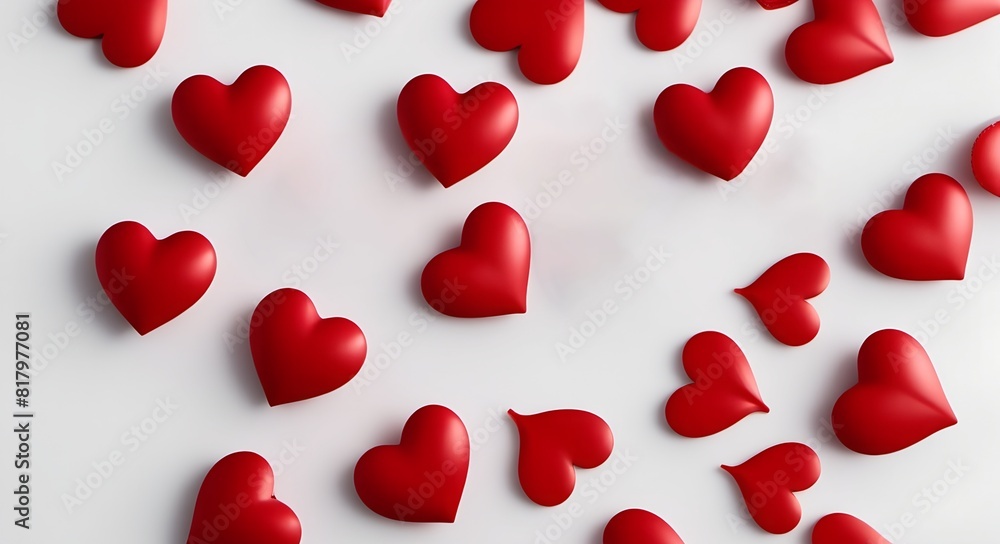Red, voluminous cute hearts are randomly located on a white background. Red, voluminous cute hearts are randomly located on a white background.