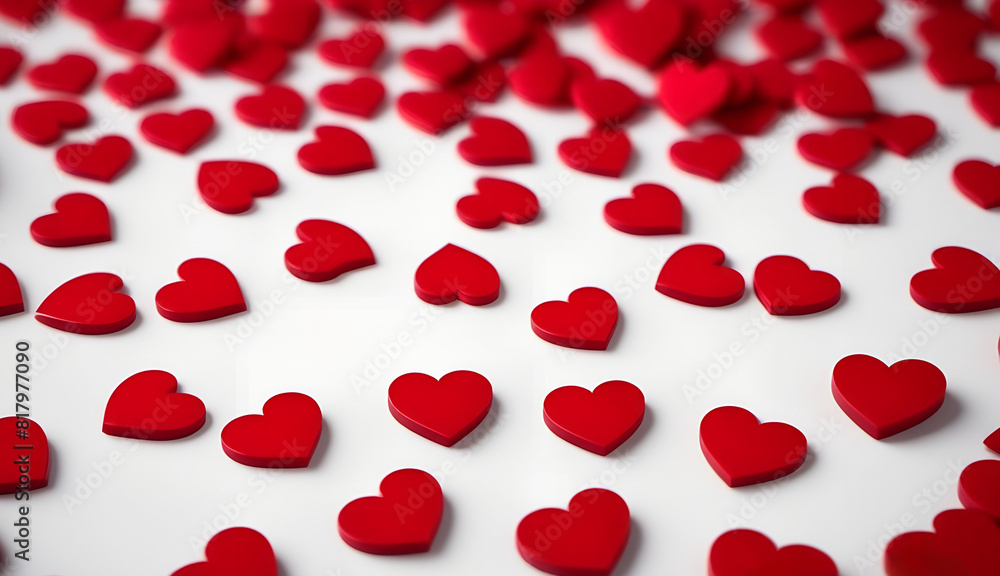 Red, plastic hearts are randomly located on a white background. Red, plastic hearts are randomly located on a white background.