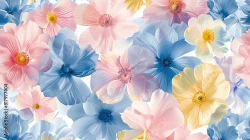 Spring Flowers Pastel Pink Blue Yellow White Seamless Repeating Pattern 