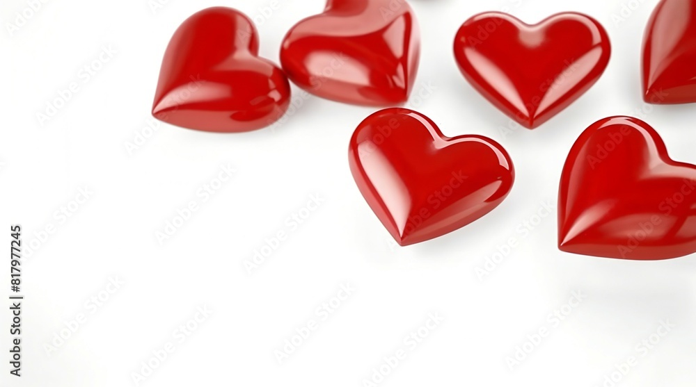 Red glossy 3D hearts are located on the top on a white background. Red glossy 3D hearts are located on the top on a white background.