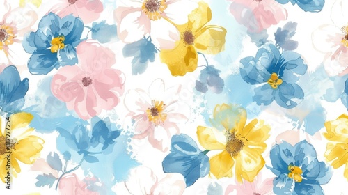 Spring Flowers Pastel Pink Blue Yellow White Seamless Repeating Pattern 