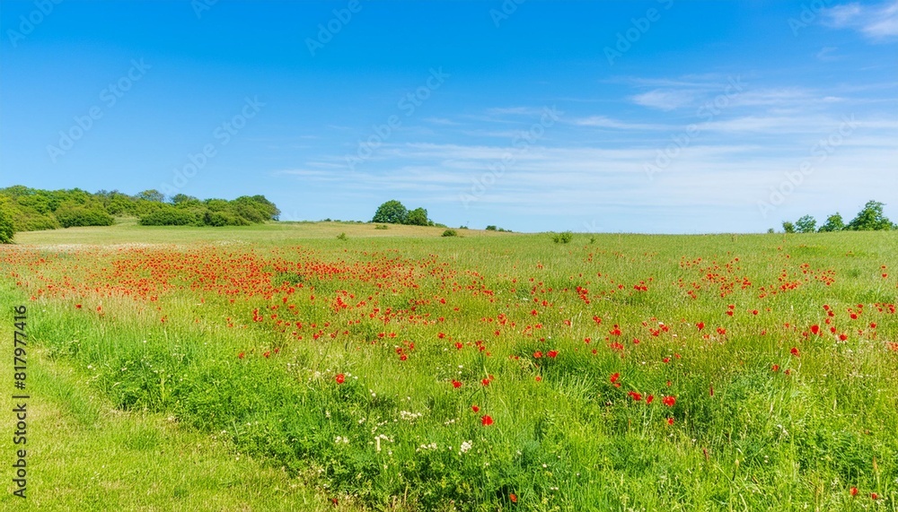 meadow with red poppies blue sky in the background