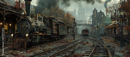 Intricate Steampunk A D Rendering of an Atmospheric Railway with VictorianStyle Stations and Steam Engines photo