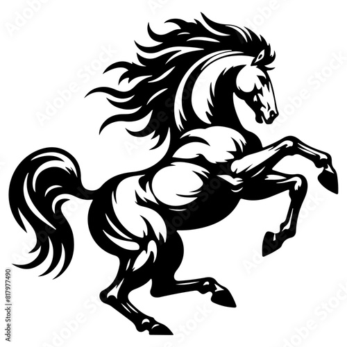 A bold black and white illustration featuring a powerful horse rearing on its hind legs. The intricate details and dynamic pose make it a standout piece for equestrian and animal-themed projects