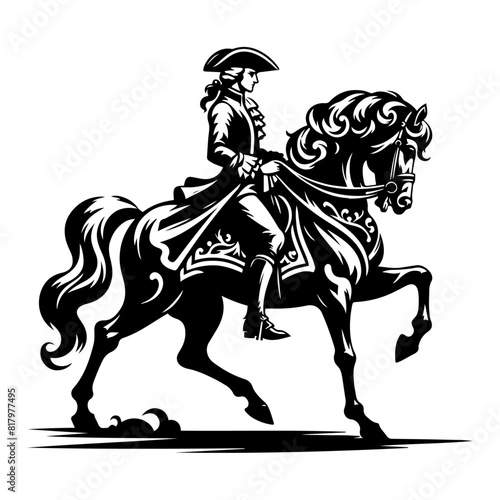 An elegant black and white illustration showing a rider dressed in historical attire, mounted on a gracefully trotting horse. Perfect for historical themes, equestrian events, and art decor