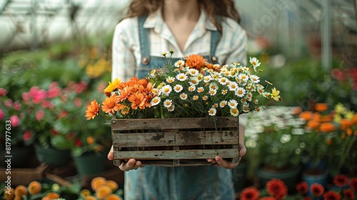 In the greenhouse, a young woman holds a wooden box filled with spring flowers. Generative AI.
