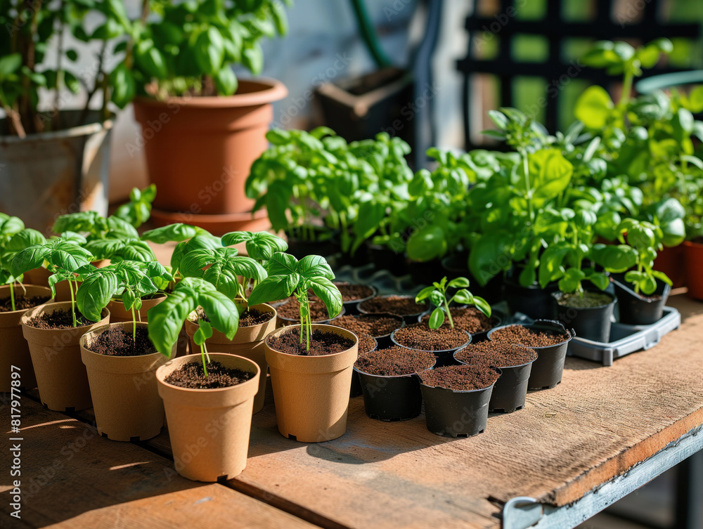 Basil seedlings thrive in biodegradable pots on the table, alongside green plants in peat pots. Small pots are used for baby plants, while agricultural seedling trays are also available. Basil seedlings thrive in biodegradable pots on the table, alongside green plants in peat pots. Small pots are used for baby plants, while agricultural seedling trays are also available.