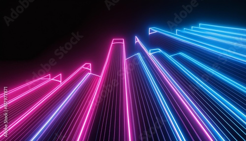 3d render abstract ascending pink blue neon lines isolated on black background digital ultraviolet wallpaper
