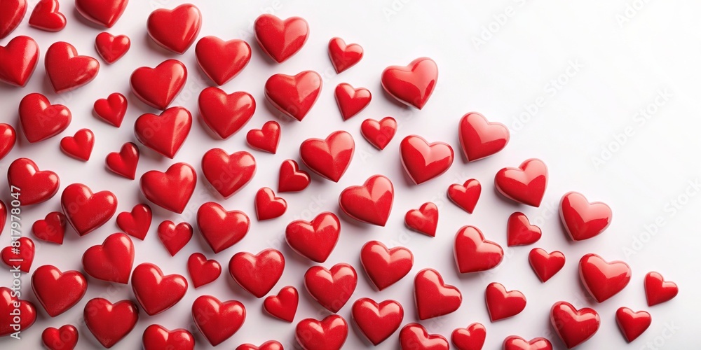 Red many glossy 3D hearts are located on the left on a white background. Red many glossy 3D hearts are located on the left on a white background.