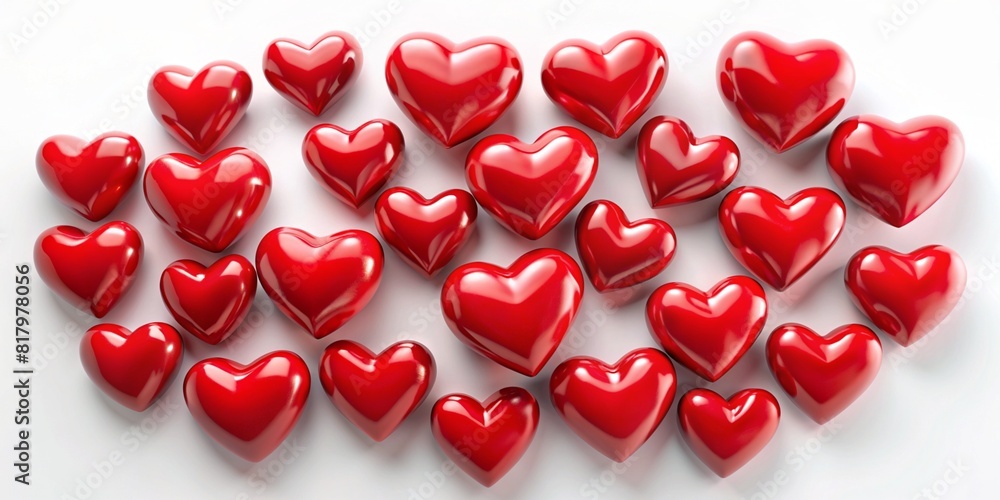 Red glossy 3D hearts neatly aligned on a white background. Red glossy 3D hearts neatly aligned on a white background.