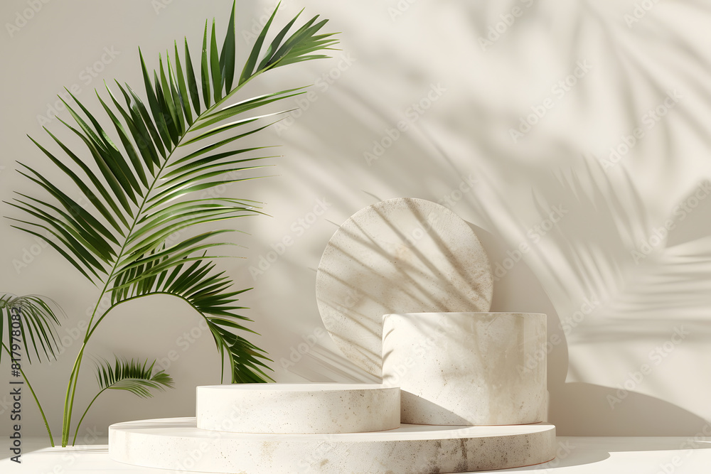 Background products natural stone display, podium scene with palm leaves