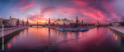 panoramic view of Moscow city  embankment with bridge and the Kremlin at sunset.