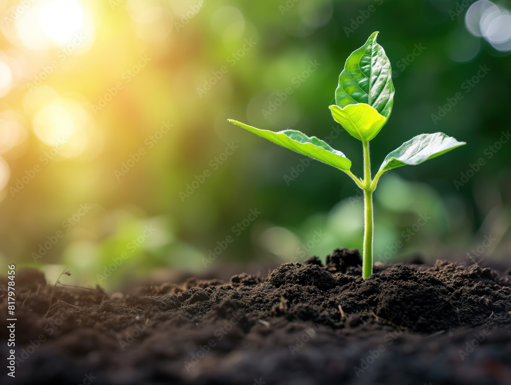 Fototapeta premium A banner depicts a thriving young plant in fertile soil, symbolizing fresh growth and the concept of beginning again.