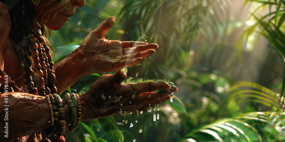 In the heart of a lush jungle, a shaman conducts a ritual, imbuing nature with their spiritual energies In the heart of a lush jungle, a shaman conducts a ritual, imbuing nature with their spiritual energies