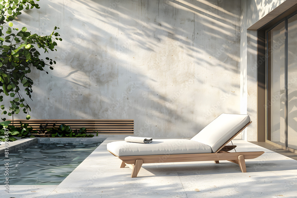Scandinavian modern design outdoor terrace with chaise lounge and swimming pool. Natural materials, new naturalism style Scandinavian modern design outdoor terrace with chaise lounge and swimming pool. Natural materials, new naturalism style