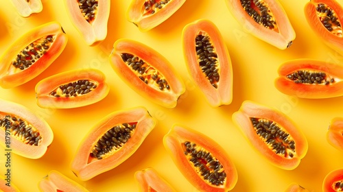 yellow promo background with papaya fruit cut in half photo