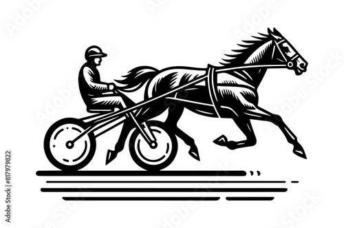 Horse in harness racing, complete with a jockey and sulky. Ideal for sports-themed designs, equestrian events, and decorative art projects, vector illustration against white background 