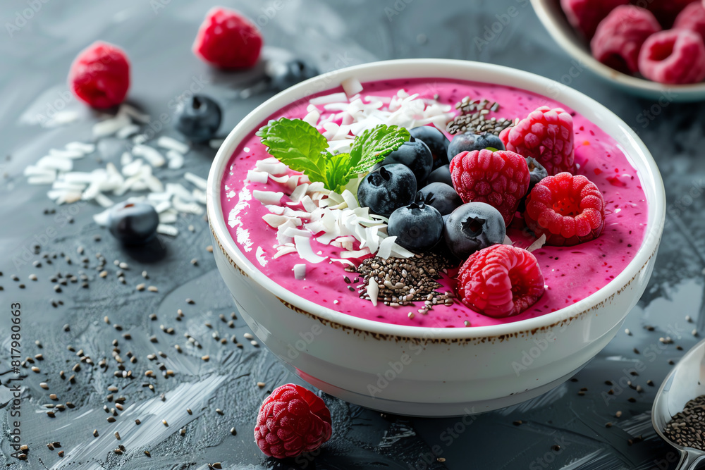 A vibrant smoothie bowl topped with coconut flakes, fresh berries, and chia seeds arranged artistically A vibrant smoothie bowl topped with coconut flakes, fresh berries, and chia seeds arranged artistically
