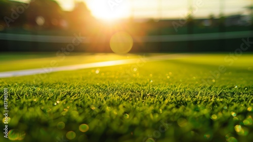 Close-up freshly cut grass tennis court, tennis court at sunrise, tennis club tournament