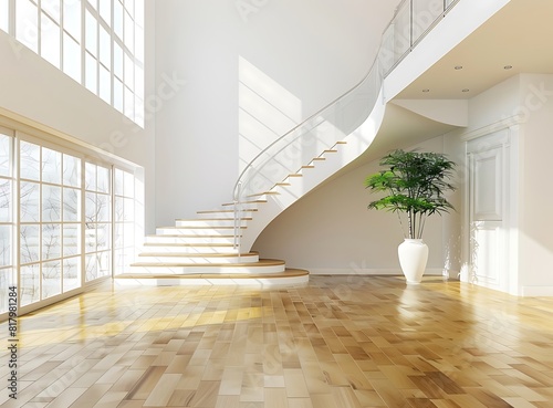 empty large living room with staircase and hardwood floors stock photo