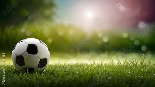 soccer ball on green grass field. football banner template. blurred background with lights and stadium