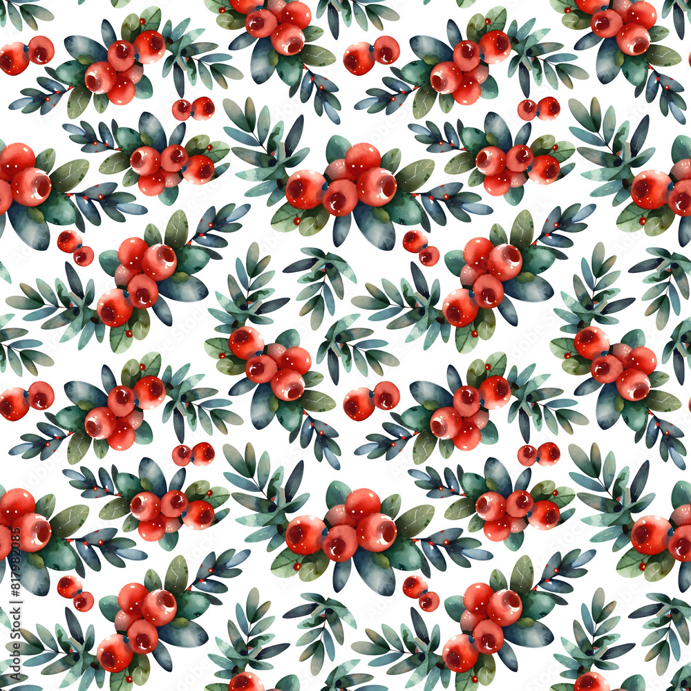 seamless pattern with mistletoe on transparent background. watercolor Christmas twig with green leaves and red berries illustration. Botanical new year and Christmas ornament seamless pattern with mistletoe on transparent background. watercolor Christmas twig with green leaves and red berries illustration. Botanical new year and Christmas ornament