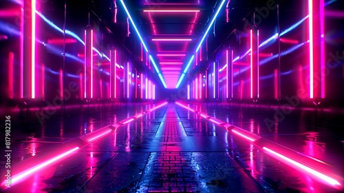 a corridor with neon lighting and luminous frames in the style of the 90s 