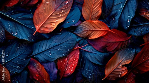 autumn texture of red and blue voluminous leaves photo