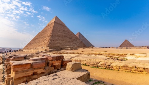 view of the giza necropolis famed archaeological site featuring the great pyramids the great sphinx and the great pyramid of giza in the desert of giza cairo egypt photo