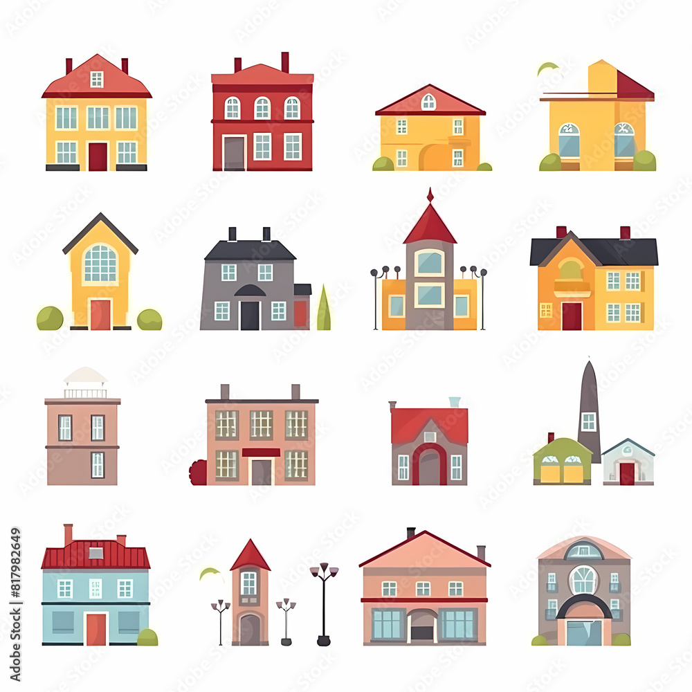 Icons of houses and buildings isolated on white. Illustration in vector format